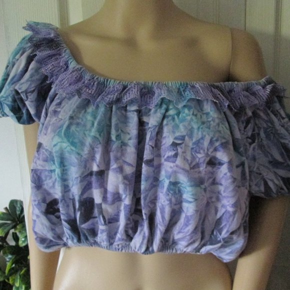 Vintage 80's Purple Puff sleeve crop top S M L - Picture 3 of 9